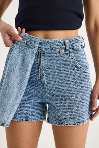 Kadın Cep Detaylı Kruvaze Kapamalı Dokulu Denim Şort Etek 8017 60283269 - Mavi
