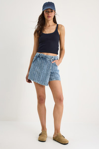 Kadın Cep Detaylı Kruvaze Kapamalı Dokulu Denim Şort Etek 8017 60283269 - Mavi