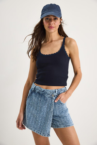 Kadın Cep Detaylı Kruvaze Kapamalı Dokulu Denim Şort Etek 8017 60283269 - Mavi