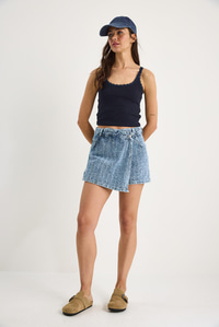 Kadın Cep Detaylı Kruvaze Kapamalı Dokulu Denim Şort Etek 8017 60283269 - Mavi