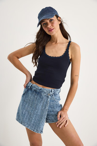 Kadın Cep Detaylı Kruvaze Kapamalı Dokulu Denim Şort Etek 8017 60283269 - Mavi