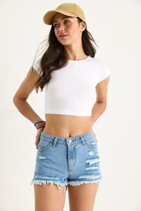 Kadın Cep Detaylı Püsküllü Yırtık Denim Şort 60283399 - Mavi