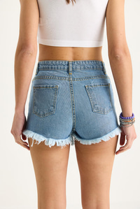 Kadın Cep Detaylı Püsküllü Yırtık Denim Şort 60283399 - Mavi