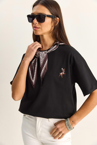 Kadın Ceylan Nakışlı Fularlı Basic Salaş T-Shirt 7517 60283977 - Siyah T-SHİRT modelleri