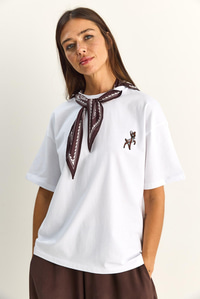 Kadın Ceylan Nakışlı Fularlı Basic Salaş T-Shirt 7517 60283977 - Beyaz T-SHİRT modelleri