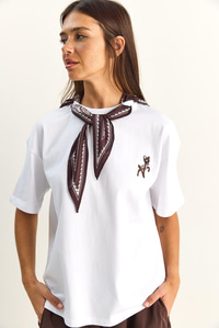 Kadın Ceylan Nakışlı Fularlı Basic Salaş T-Shirt 7517 60283977 - Beyaz T-SHİRT modelleri