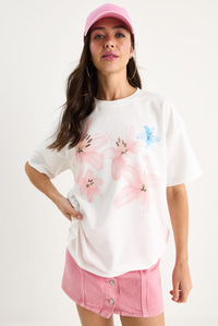 Kadın Çiçek Desenli Bisiklet Yaka Pamuklu Oversize T-Shirt 60283397 - Beyaz
