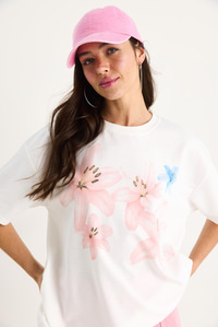 Kadın Çiçek Desenli Bisiklet Yaka Pamuklu Oversize T-Shirt 60283397 - Beyaz