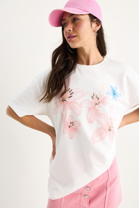 Kadın Çiçek Desenli Bisiklet Yaka Pamuklu Oversize T-Shirt 60283397 - Beyaz