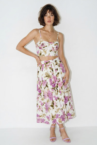 Kadın Çiçek Desenli Crop Bluz ve Düğme Detaylı Midi Etek Takım 7697 60286365 - Ekru-Mor ALT - ÜST TAKIM modelleri