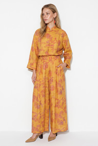 Kadın Çiçek Desenli Hakim Yaka Kimono Cepli Palazzo Pantolon Takım 2315 60286488 - Hardal ALT - ÜST TAKIM modelleri
