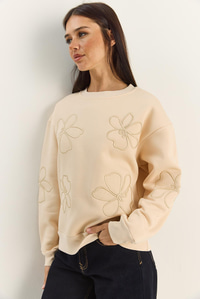 Kadın Çiçek Eva Nakış Üç İplik Şardonlu Sweatshirt 60601046 - Bej SWEATSHİRT modelleri
