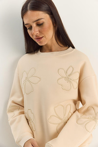 Kadın Çiçek Eva Nakış Üç İplik Şardonlu Sweatshirt 60601046 - Bej SWEATSHİRT modelleri