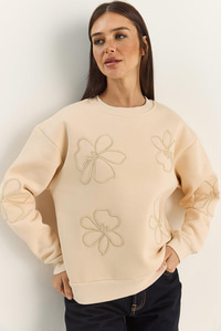 Kadın Çiçek Eva Nakış Üç İplik Şardonlu Sweatshirt 60601046 - Bej SWEATSHİRT modelleri
