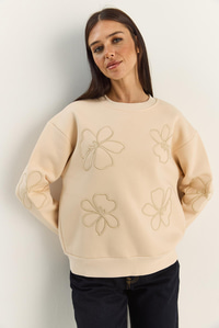 Kadın Çiçek Eva Nakış Üç İplik Şardonlu Sweatshirt 60601046 - Bej SWEATSHİRT modelleri