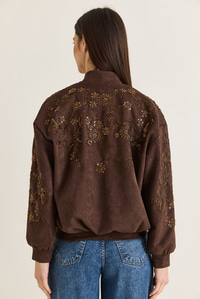 Kadın Çiçek İşlemeli Boncuk ve Payet Detaylı Cepli Fermuarlı Süet Bomber Ceket 5015 60286664 - Acı Kahve CEKET modelleri