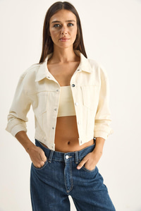 Kadın Çift Cep Detaylı Çıtçıt Kapamalı Mevsimlik Denim Ceket 60282057 - Krem CEKET modelleri