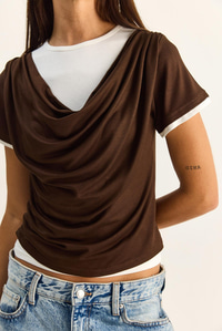 Kadın Çift Kat Görünümlü Degaje Yaka Kısa Kol T-Shirt 6140 60286132 - Acı Kahve T-SHİRT modelleri