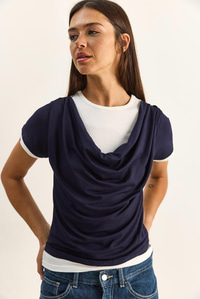 Kadın Çift Kat Görünümlü Degaje Yaka Kısa Kol T-Shirt 6140 60286132 - Lacivert T-SHİRT modelleri