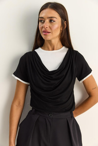 Kadın Çift Kat Görünümlü Degaje Yaka Kısa Kol T-Shirt 6140 60286132 - Siyah T-SHİRT modelleri