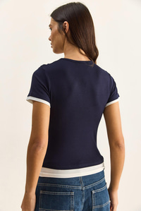 Kadın Çift Kat Görünümlü Degaje Yaka Kısa Kol T-Shirt 6140 60286132 - Lacivert T-SHİRT modelleri