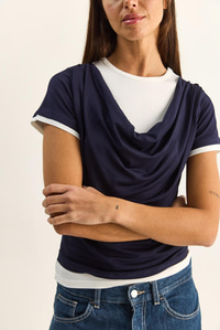 Kadın Çift Kat Görünümlü Degaje Yaka Kısa Kol T-Shirt 6140 60286132 - Lacivert T-SHİRT modelleri