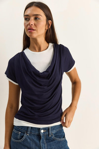 Kadın Çift Kat Görünümlü Degaje Yaka Kısa Kol T-Shirt 6140 60286132 - Lacivert T-SHİRT modelleri