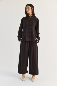 Kadın Çin Düğmeli Oversize Bluz Lastik Paça Şalvar Pantolon Takım 1118 60286546 - Acı Kahve ALT - ÜST TAKIM modelleri