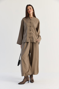 Kadın Çin Düğmeli Oversize Bluz Lastik Paça Şalvar Pantolon Takım 1118 60286546 - Vizon ALT - ÜST TAKIM modelleri