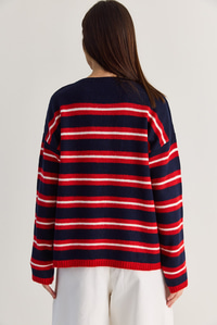 Kadın Çizgili Bisiklet Yaka Oversize Triko Kazak TK261149 60286607 - Lacivert-Kırmızı KAZAK modelleri