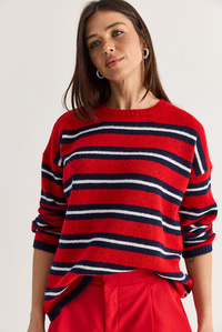 Kadın Çizgili Bisiklet Yaka Oversize Triko Kazak TK261149 60286607 - Kırmızı-Lacivert KAZAK modelleri