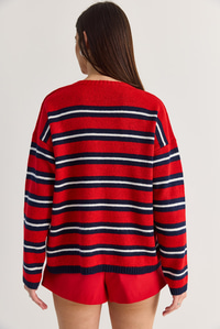 Kadın Çizgili Bisiklet Yaka Oversize Triko Kazak TK261149 60286607 - Kırmızı-Lacivert KAZAK modelleri