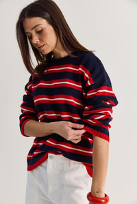 Kadın Çizgili Bisiklet Yaka Oversize Triko Kazak TK261149 60286607 - Lacivert-Kırmızı KAZAK modelleri