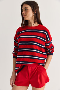 Kadın Çizgili Bisiklet Yaka Oversize Triko Kazak TK261149 60286607 - Kırmızı-Lacivert KAZAK modelleri