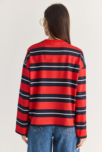 Kadın Çizgili Bisiklet Yaka Oversize Uzun Kollu Modal Sweatshirt 927-4 60286764 - Kırmızı SWEATSHİRT modelleri
