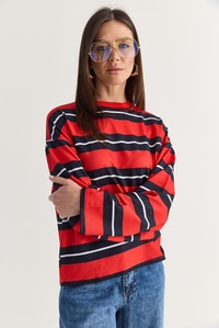 Kadın Çizgili Bisiklet Yaka Oversize Uzun Kollu Modal Sweatshirt 927-4 60286764 - Kırmızı SWEATSHİRT modelleri