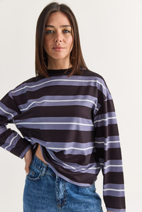 Kadın Çizgili Bisiklet Yaka Oversize Uzun Kollu Modal Sweatshirt 927-4 60286764 - Lila SWEATSHİRT modelleri