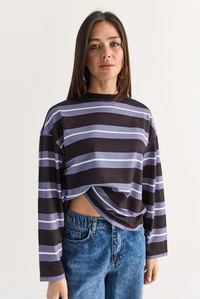 Kadın Çizgili Bisiklet Yaka Oversize Uzun Kollu Modal Sweatshirt 927-4 60286764 - Lila SWEATSHİRT modelleri