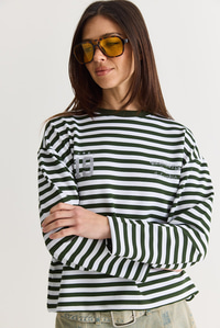 Kadın Çizgili Dijital Baskı Detaylı Oversize Uzun Kollu T-Shirt 925 60286558 - Beyaz-Yeşil T-SHİRT modelleri