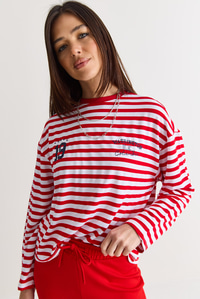 Kadın Çizgili Dijital Baskı Detaylı Oversize Uzun Kollu T-Shirt 925 60286558 - Beyaz-Kırmızı T-SHİRT modelleri