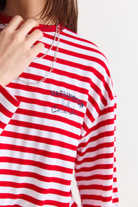 Kadın Çizgili Dijital Baskı Detaylı Oversize Uzun Kollu T-Shirt 925 60286558 - Beyaz-Kırmızı T-SHİRT modelleri