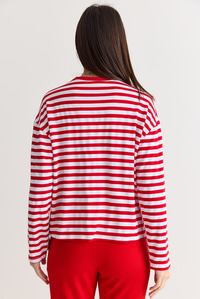 Kadın Çizgili Dijital Baskı Detaylı Oversize Uzun Kollu T-Shirt 925 60286558 - Beyaz-Kırmızı T-SHİRT modelleri