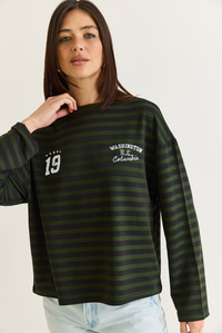 Kadın Çizgili Dijital Baskı Detaylı Oversize Uzun Kollu T-Shirt 925 60286558 - Yeşil-Siyah T-SHİRT modelleri