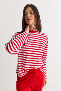 Kadın Çizgili Dijital Baskı Detaylı Oversize Uzun Kollu T-Shirt 925 60286558 - Beyaz-Kırmızı T-SHİRT modelleri