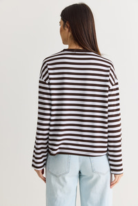 Kadın Çizgili Dijital Baskı Detaylı Oversize Uzun Kollu T-Shirt 925 60286558 - Beyaz-Kahve T-SHİRT modelleri