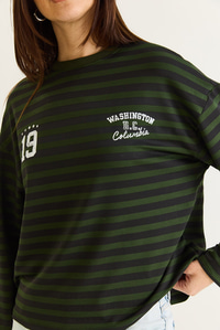 Kadın Çizgili Dijital Baskı Detaylı Oversize Uzun Kollu T-Shirt 925 60286558 - Yeşil-Siyah T-SHİRT modelleri