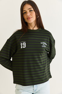 Kadın Çizgili Dijital Baskı Detaylı Oversize Uzun Kollu T-Shirt 925 60286558 - Yeşil-Siyah T-SHİRT modelleri