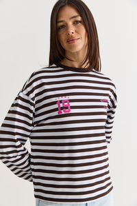 Kadın Çizgili Dijital Baskı Detaylı Oversize Uzun Kollu T-Shirt 925 60286558 - Beyaz-Kahve T-SHİRT modelleri