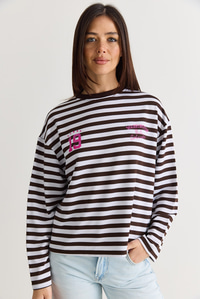 Kadın Çizgili Dijital Baskı Detaylı Oversize Uzun Kollu T-Shirt 925 60286558 - Beyaz-Kahve T-SHİRT modelleri