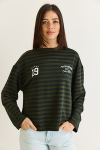 Kadın Çizgili Dijital Baskı Detaylı Oversize Uzun Kollu T-Shirt 925 60286558 - Yeşil-Siyah T-SHİRT modelleri